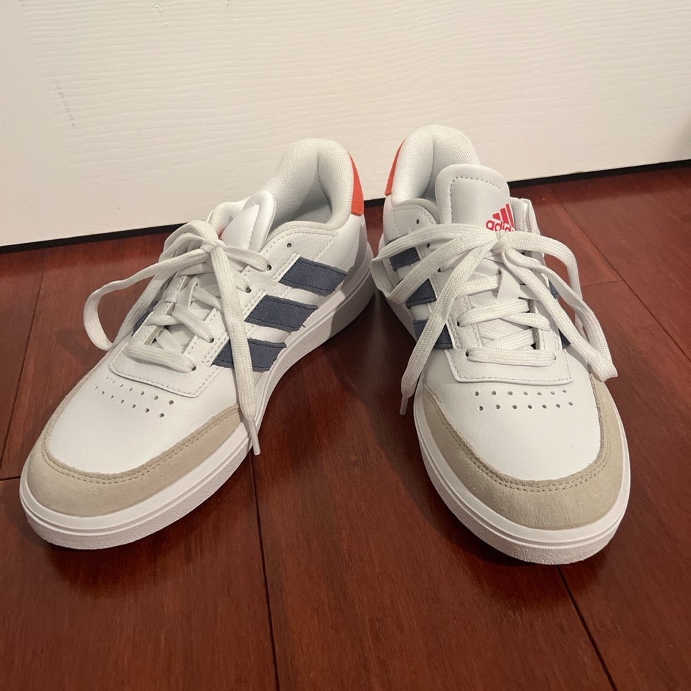Adidas white and blue court sneakers